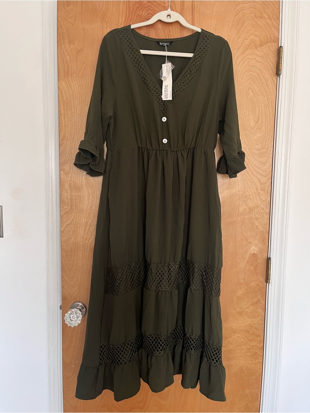 BloomChic Olive Green V-Neck Midi Dress with Lace Panels